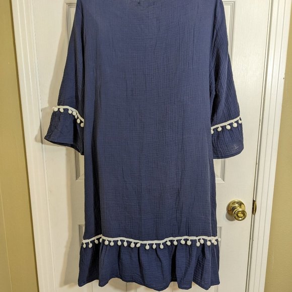KOANDAILY Navy Pom-Pom Bell Sleeves Boho Midi Dress - size 3XL* NWT - Picture 7 of 11